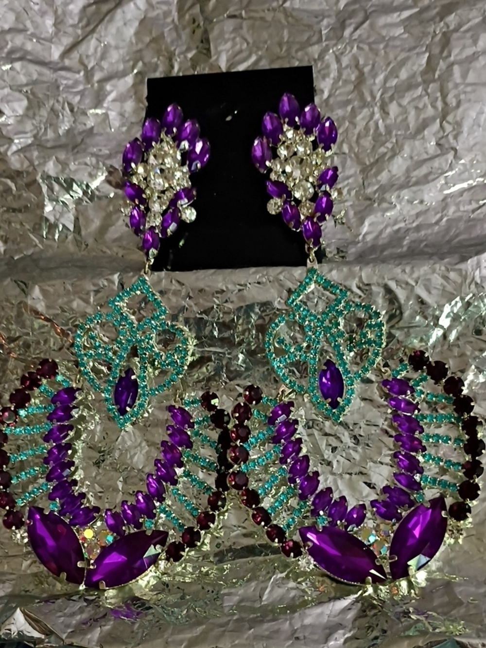 Purple and Teal Crystal Statement Earrings - Women Jewelry